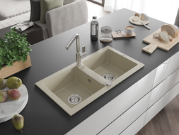 Mexen Mario évier en granit double bac avec robinet de cuisine Flora, beige - 6504-69-670401-00