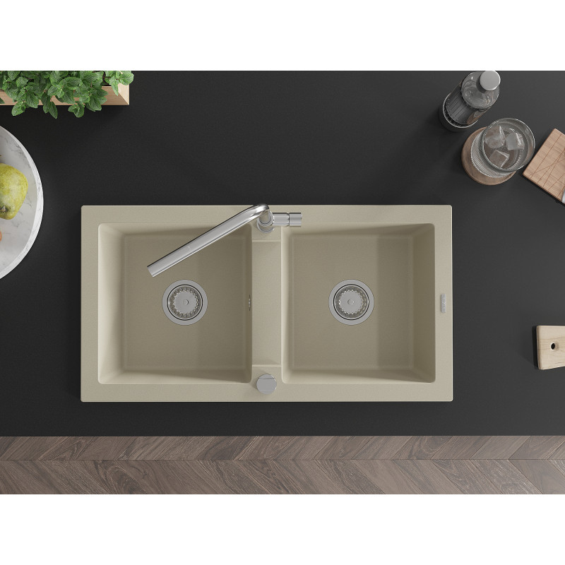 Mexen Mario évier en granit à 2 bacs avec robinet de cuisine Flora, beige - 6504-69-670401-00