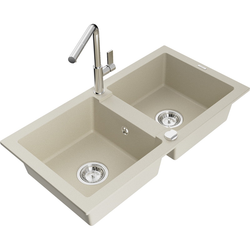 Mexen Mario évier en granit 2 bacs avec robinet de cuisine Flora, beige - 6504-69-670401-00