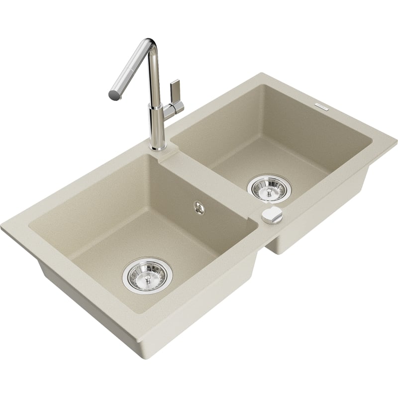 Mexen Mario évier en granit double bac avec robinet de cuisine Flora, beige - 6504-69-670401-00