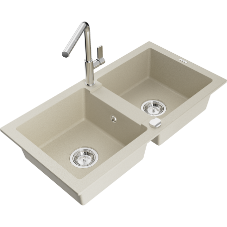 Mexen Mario évier en granit à 2 cuves avec robinet mélangeur Flora, Beige - 6504-69-670401-00