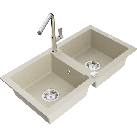 Mexen Mario évier en granit double bac avec robinet de cuisine Flora, beige - 6504-69-670401-00