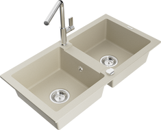 Mexen Mario évier en granit double bac avec robinet de cuisine Flora, beige - 6504-69-670401-00