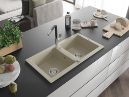 Mexen Mario évier en granit à 2 cuves avec robinet mélangeur Flora, Beige - 6504-69-670401-07