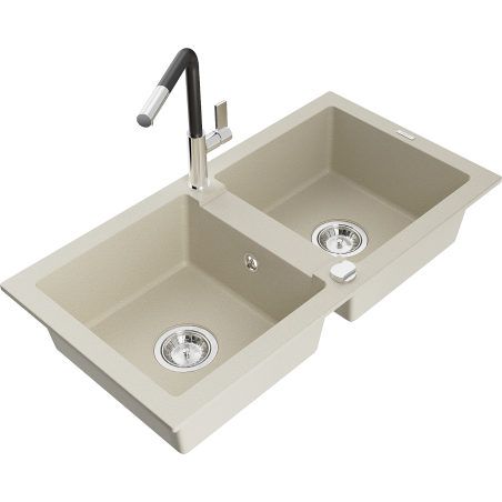 Mexen Mario évier en granit à 2 cuves avec robinet mélangeur Flora, Beige - 6504-69-670401-07