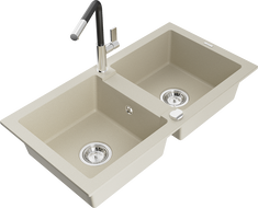 Mexen Mario évier en granit à 2 cuves avec robinet mélangeur Flora, Beige - 6504-69-670401-07