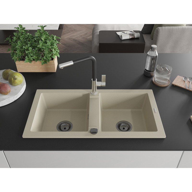 Mexen Mario évier en granit à 2 bacs avec robinet de cuisine Flora, beige - 6504-69-670401-07-B