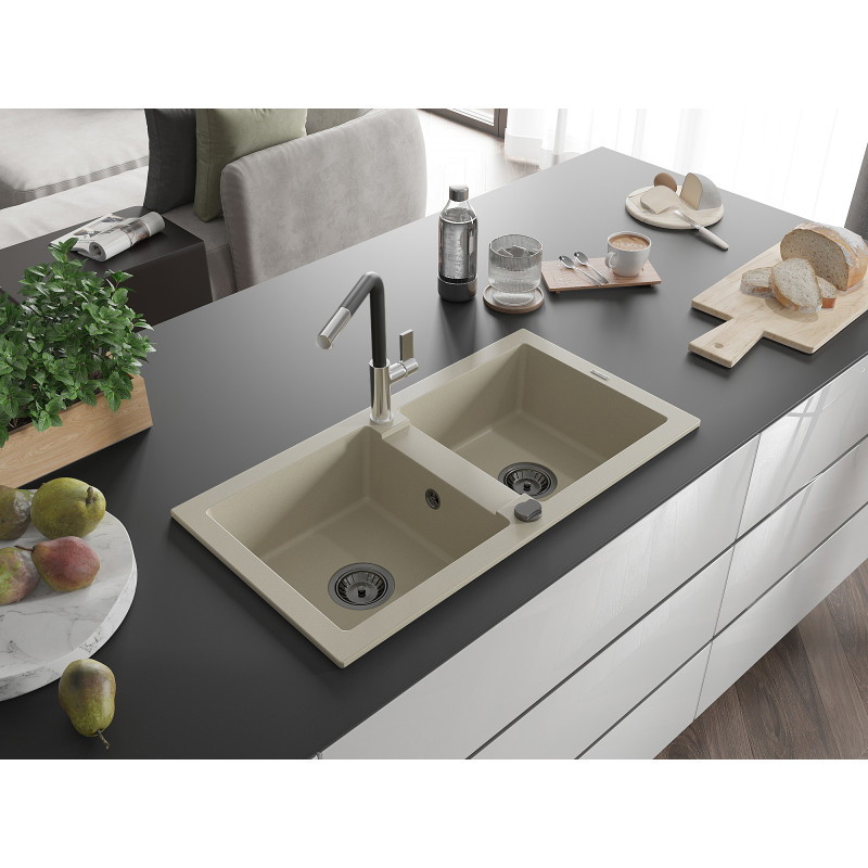 Mexen Mario évier en granit à 2 bacs avec robinet de cuisine Flora, beige - 6504-69-670401-07-B