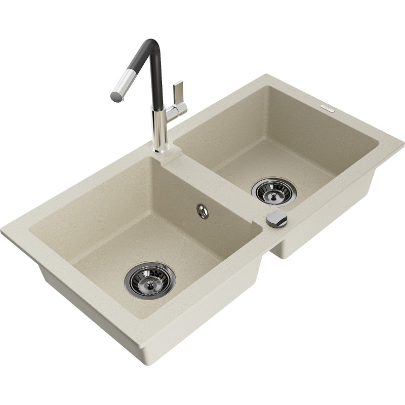 Mexen Mario évier de cuisine en granit 2 bacs avec robinet Flora, beige - 6504-69-670401-07-B