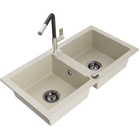 Mexen Mario évier en granit à 2 cuves avec robinet mélangeur Flora, Beige - 6504-69-670401-07-B