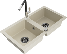 Mexen Mario évier en granit à 2 bacs avec robinet de cuisine Flora, beige - 6504-69-670401-07-B