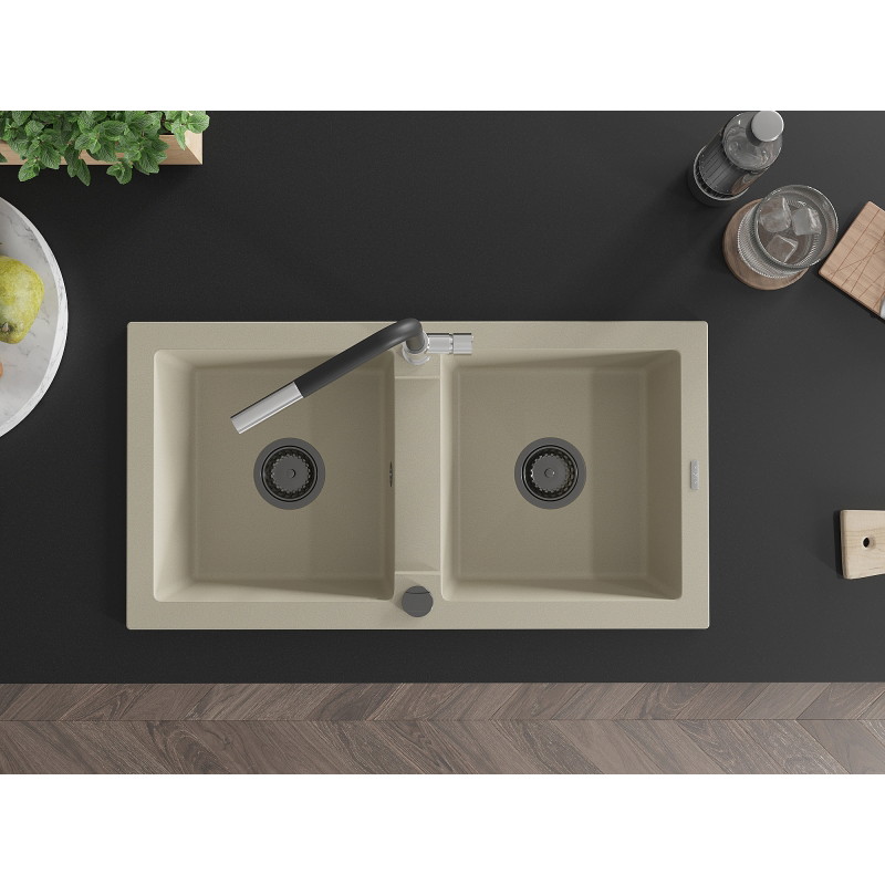 Mexen Mario évier de cuisine en granit 2 bacs avec robinet Flora, beige - 6504-69-670401-07-B