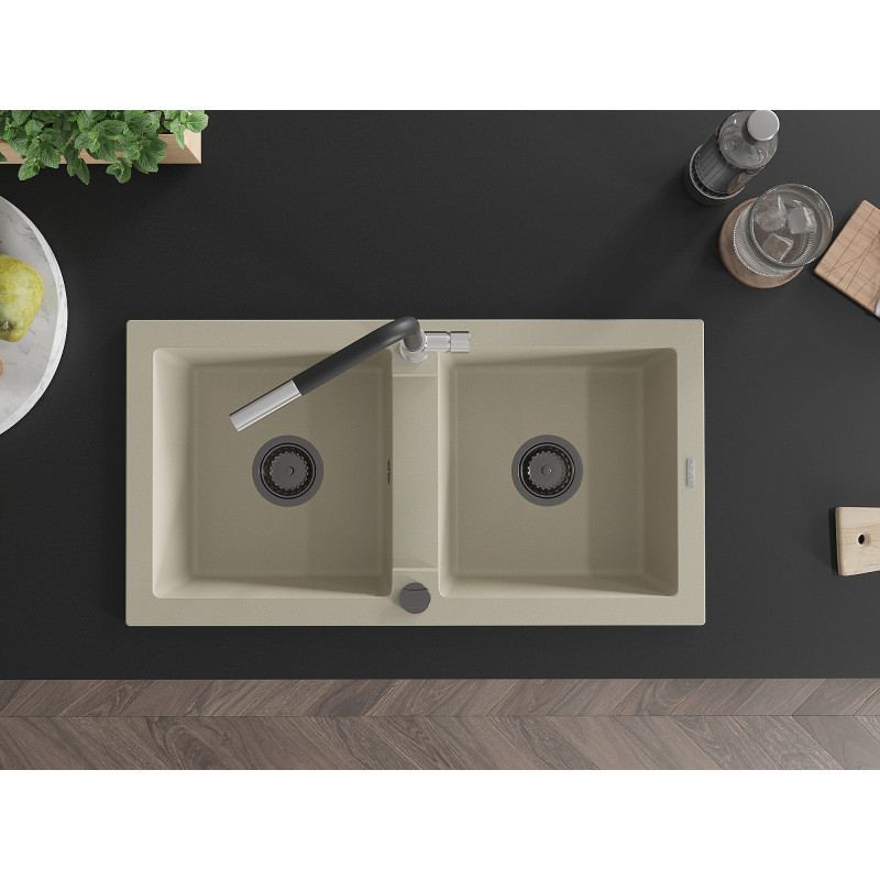 Mexen Mario évier en granit à 2 bacs avec robinet de cuisine Flora, beige - 6504-69-670401-07-B