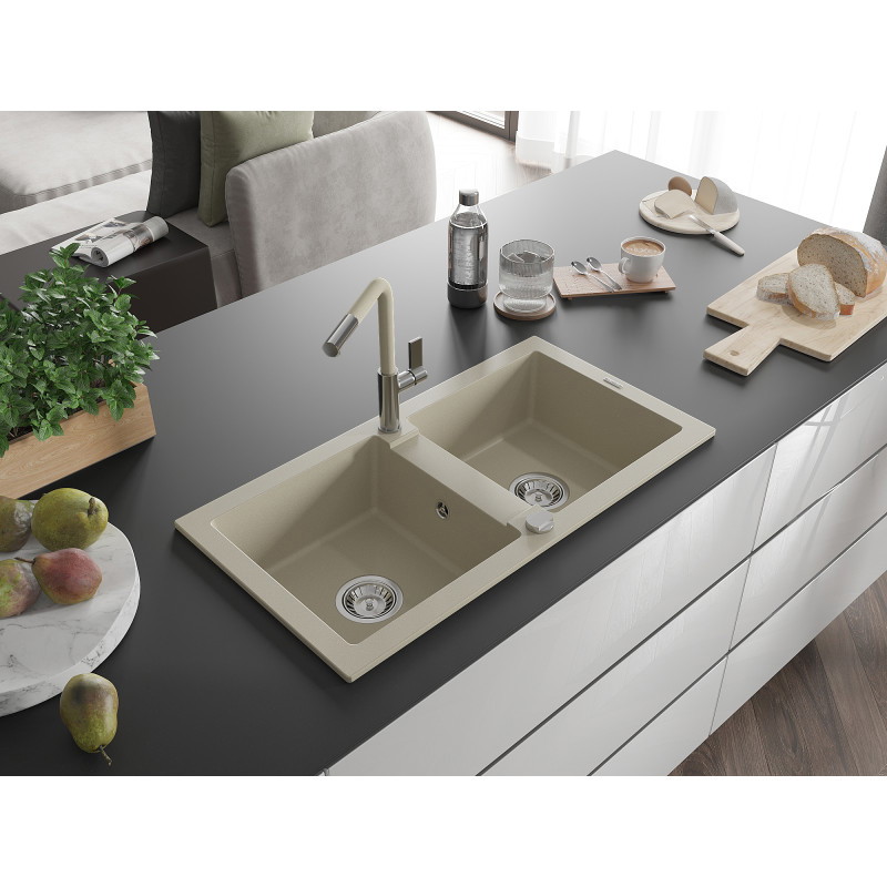 Mexen Mario évier en granit à deux bacs avec robinet de cuisine Flora, beige - 6504-69-670401-09