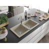 Mexen Mario évier de cuisine en granit à 2 bacs avec robinet Flora, beige - 6504-69-670401-09