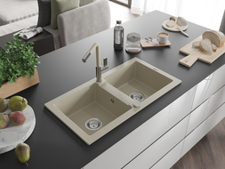 Mexen Mario évier en granit à 2 cuves avec robinet mélangeur Flora, Beige - 6504-69-670401-09