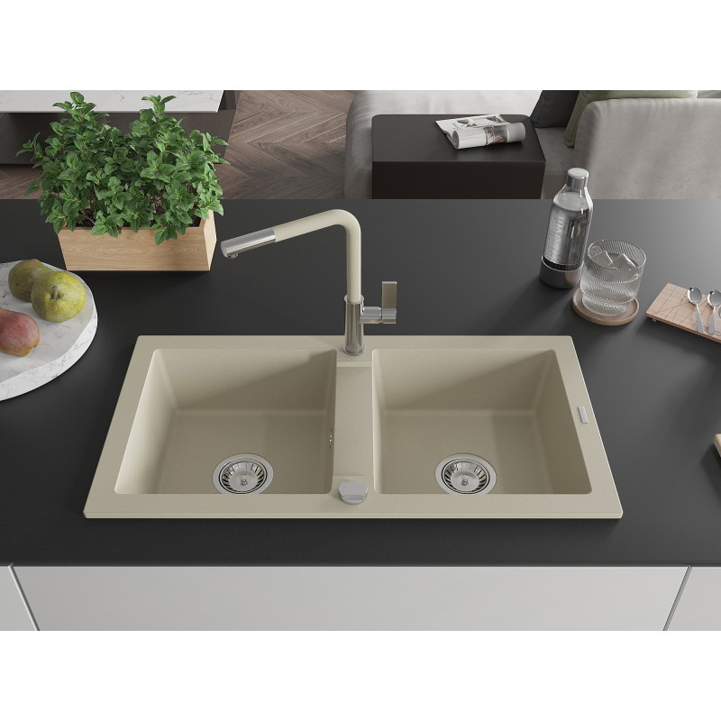 Mexen Mario évier en granit à deux bacs avec robinet de cuisine Flora, beige - 6504-69-670401-09