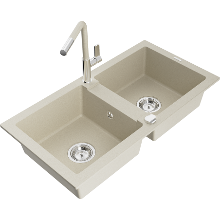 Mexen Mario évier en granit 2 bacs avec robinet de cuisine Flora, beige - 6504-69-670401-09
