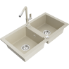Mexen Mario évier en granit 2 bacs avec robinet de cuisine Flora, beige - 6504-69-670401-09
