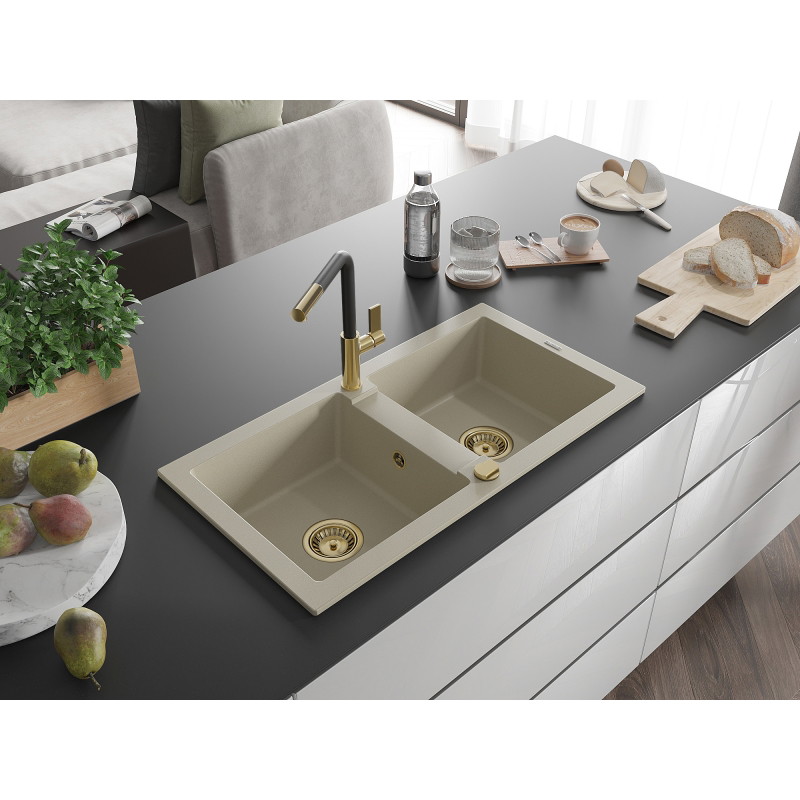 Mexen Mario évier de cuisine en granit à 2 bacs avec robinet Flora, beige - 6504-69-670401-57-G