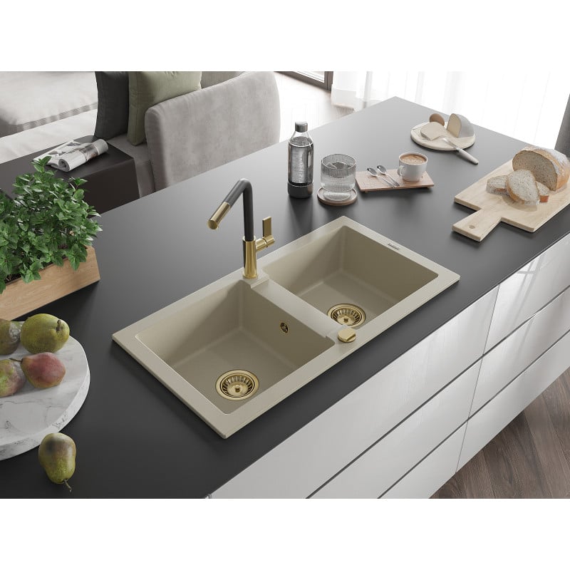 Mexen Mario évier en granit à 2 bacs avec robinet de cuisine Flora, beige - 6504-69-670401-57-G