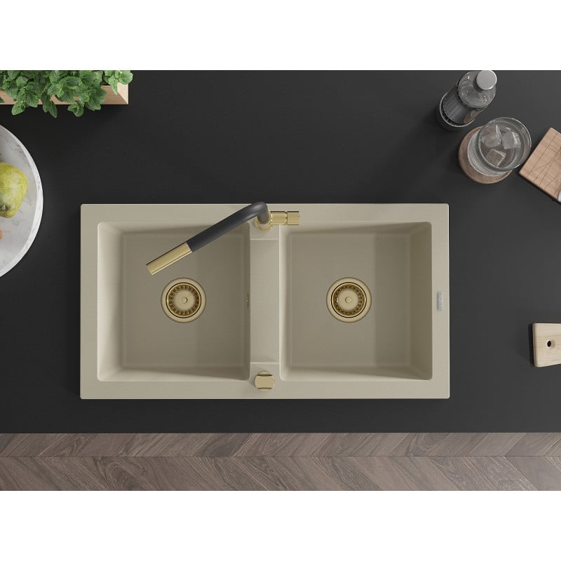 Mexen Mario évier en granit à 2 bacs avec robinet de cuisine Flora, beige - 6504-69-670401-57-G