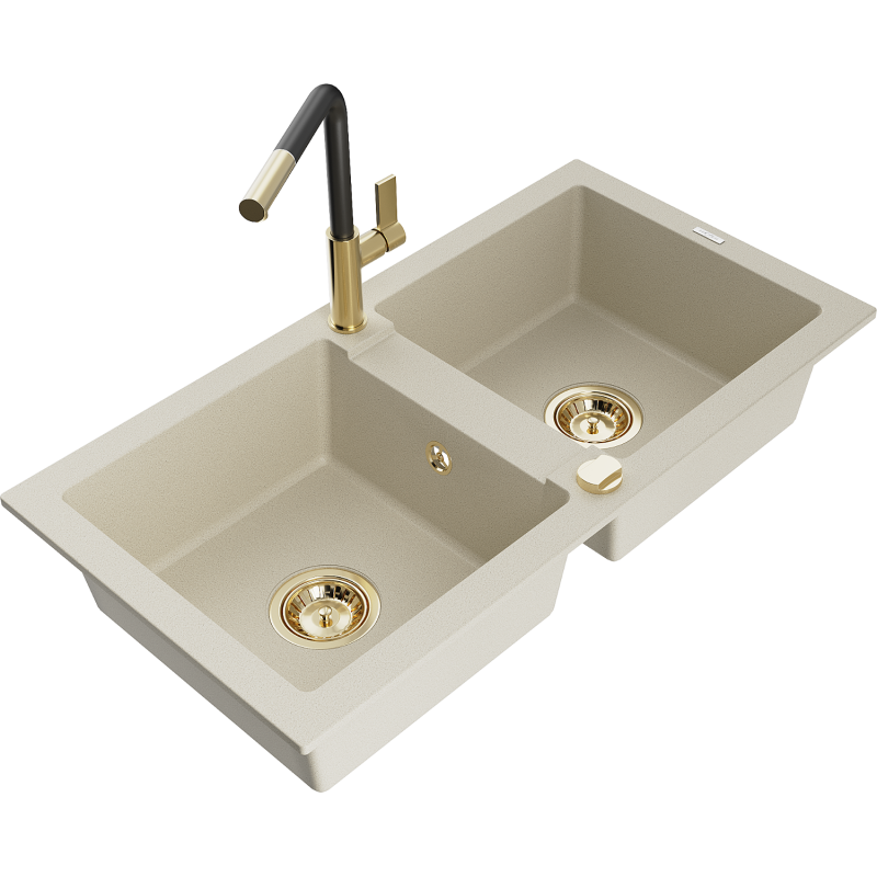 Mexen Mario évier en granit à 2 bacs avec robinet de cuisine Flora, beige - 6504-69-670401-57-G