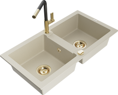 Mexen Mario évier en granit à 2 bacs avec robinet de cuisine Flora, beige - 6504-69-670401-57-G