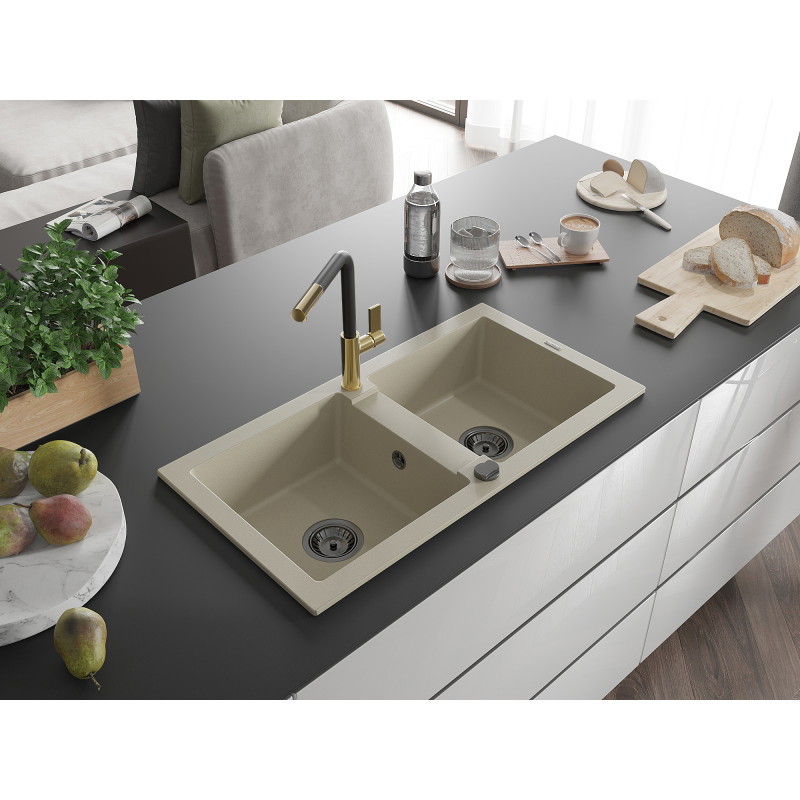 Mexen Mario évier en granit 2 bacs avec robinet de cuisine Flora, beige - 6504-69-670401-57-B