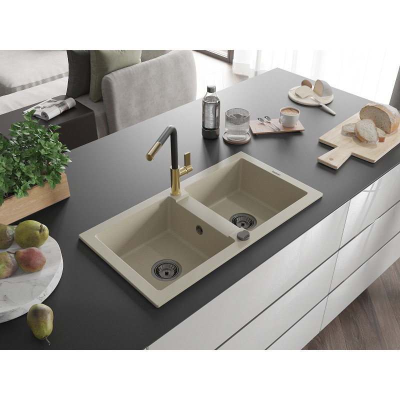 Mexen Mario évier en granit à 2 bacs avec robinet de cuisine Flora, beige - 6504-69-670401-57-B