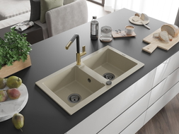 Mexen Mario évier en granit à 2 bacs avec robinet de cuisine Flora, beige - 6504-69-670401-57-B
