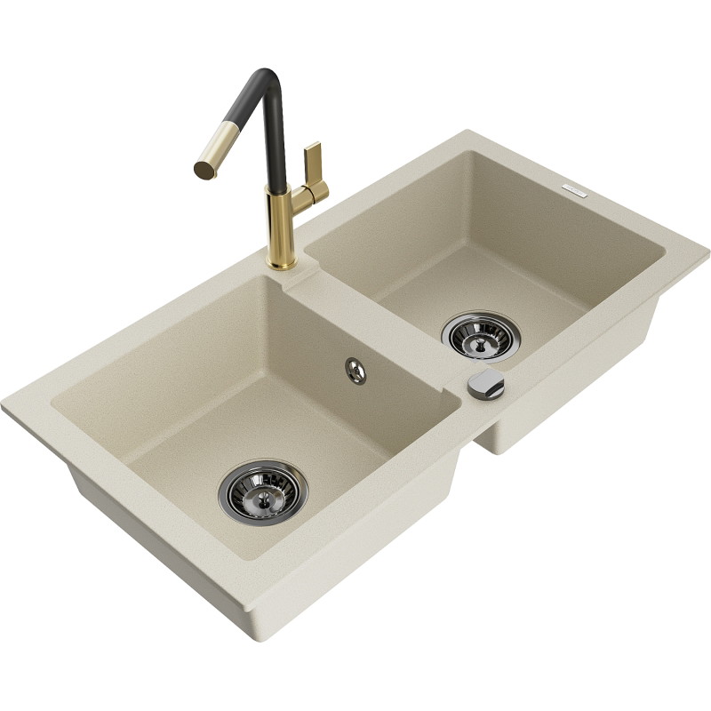 Mexen Mario évier en granit à 2 bacs avec robinet de cuisine Flora, beige - 6504-69-670401-57-B