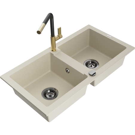 Mexen Mario évier en granit à 2 bacs avec robinet de cuisine Flora, beige - 6504-69-670401-57-B