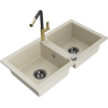 Mexen Mario évier en granit 2 bacs avec robinet de cuisine Flora, beige - 6504-69-670401-57-B