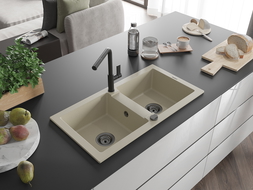 Mexen Mario évier en granit à 2 cuves avec robinet mélangeur Flora, Beige - 6504-69-670401-70-B