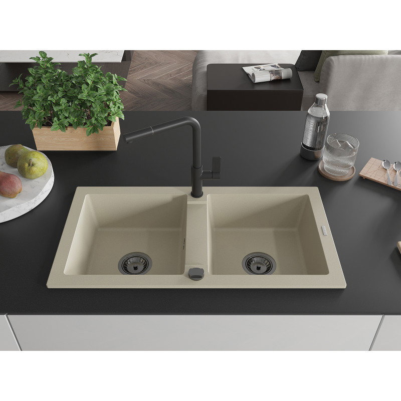 Mexen Mario évier en granit à 2 bacs avec robinet de cuisine Flora, beige - 6504-69-670401-70-B