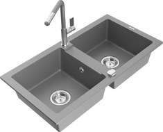Mexen Mario évier en granit à 2 bacs avec robinet de cuisine Flora, gris - 6504-71-670401-06