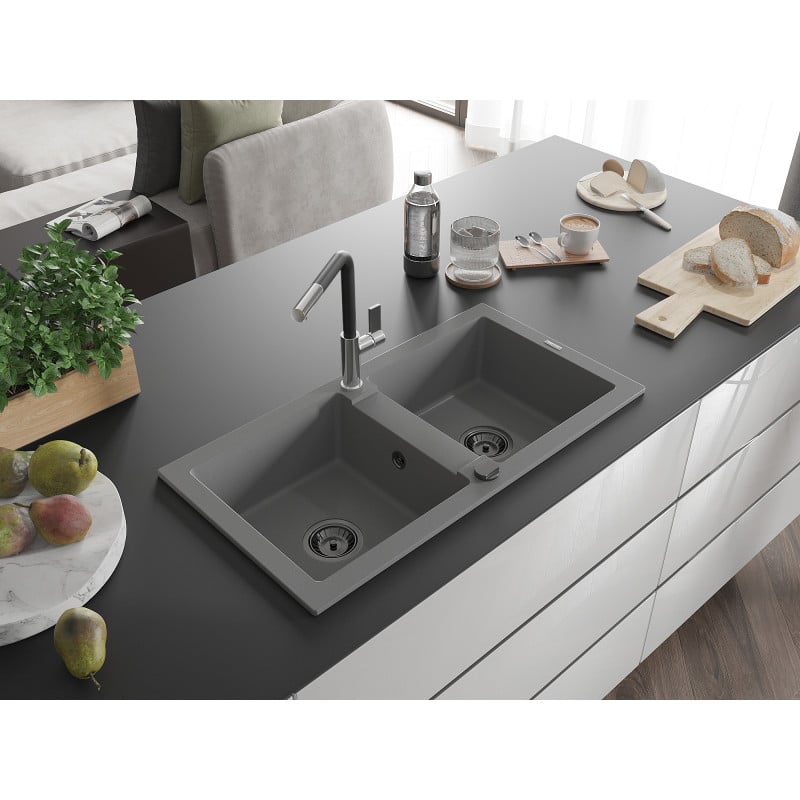 Mexen Mario évier en granit à 2 cuves avec robinet de cuisine Flora, gris - 6504-71-670401-07-B