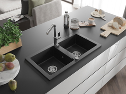 Mexen Mario évier en granit à 2 bacs avec robinet de cuisine Flora, noir/métallisé argenté - 6504-73-670401-00