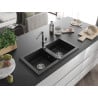 Mexen Mario évier en granit 2 bacs avec robinet de cuisine Flora, noir - 6504-77-670401-00