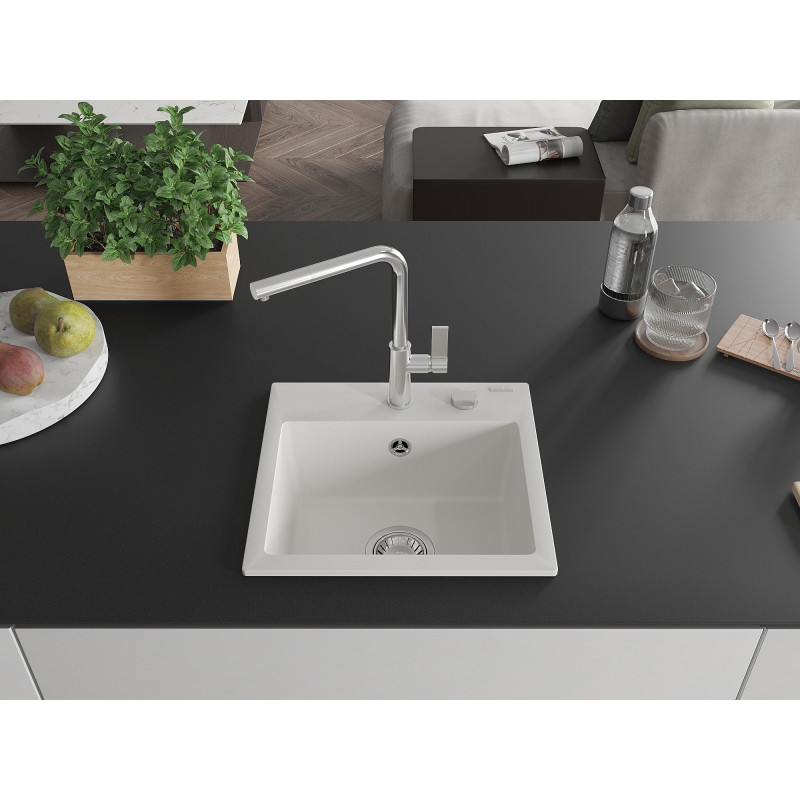 Mexen Milo évier en granit 1 cuve avec robinet de cuisine Flora, blanc - 6505-20-670401-00