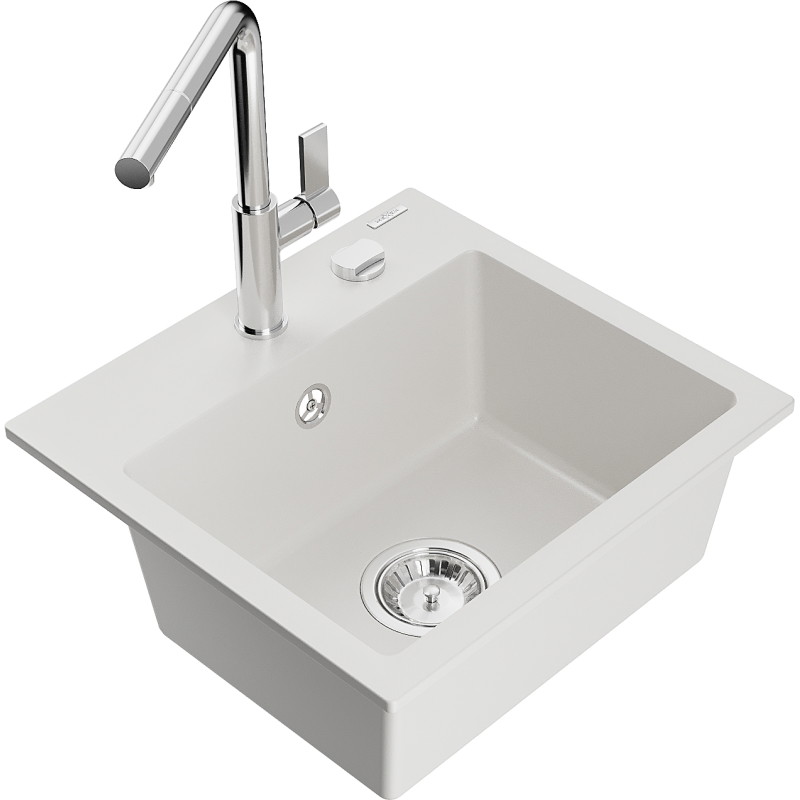Mexen Milo évier en granit 1 cuve avec robinet de cuisine Flora, blanc - 6505-20-670401-00