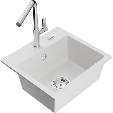 Mexen Milo évier en granit 1 cuve avec robinet de cuisine Flora, blanc - 6505-20-670401-00