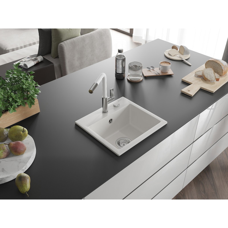 Mexen Milo évier granit 1 bac avec robinet de cuisine Flora, blanc - 6505-20-670401-02