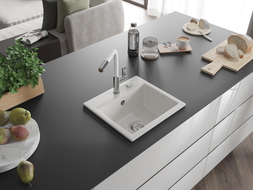 Mexen Milo évier granit 1 bac avec robinet de cuisine Flora, blanc - 6505-20-670401-02
