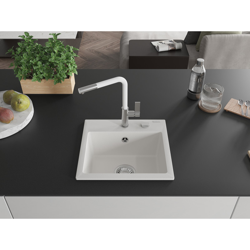Mexen Milo évier granit 1 bac avec robinet de cuisine Flora, blanc - 6505-20-670401-02