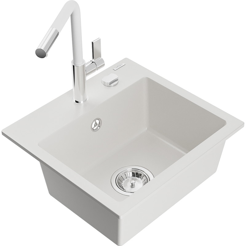 Mexen Milo évier en granit 1 bac avec robinet de cuisine Flora, blanc - 6505-20-670401-02