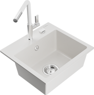 Mexen Milo évier granit 1 bac avec robinet de cuisine Flora, blanc - 6505-20-670401-02