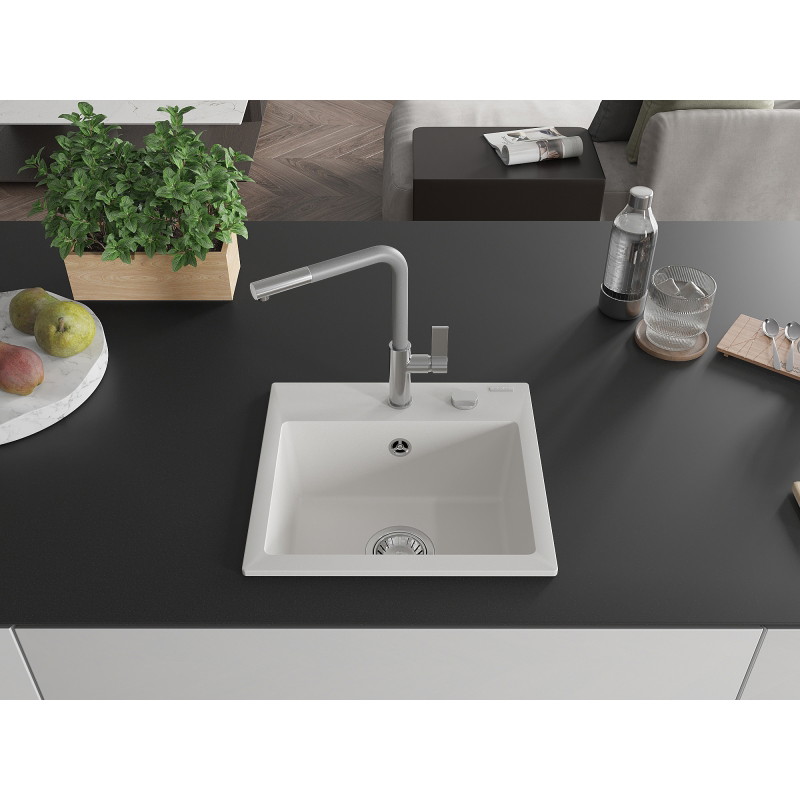 Mexen Milo Évier en granit 1 bac avec robinet de cuisine Flora, blanc - 6505-20-670401-06