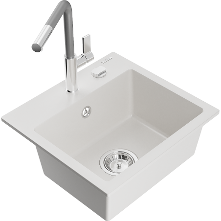 Mexen Milo Évier en granit 1 bac avec robinet de cuisine Flora, blanc - 6505-20-670401-06